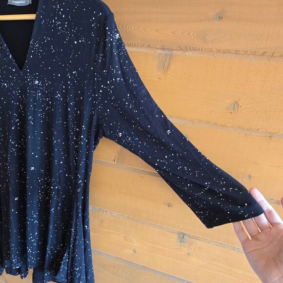 Alembika Tunic Top 2 Black White Splatter Pocket Front 3/4 Sleeve Soft Stretchy - Picture 4 of 7